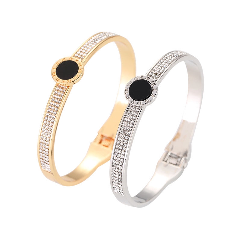 Titanium Gelang Tangan Wanita Premium Bracelet Anti Karat Berlian Emas 18K Bulat Angka Romawi Ala Bangle-8