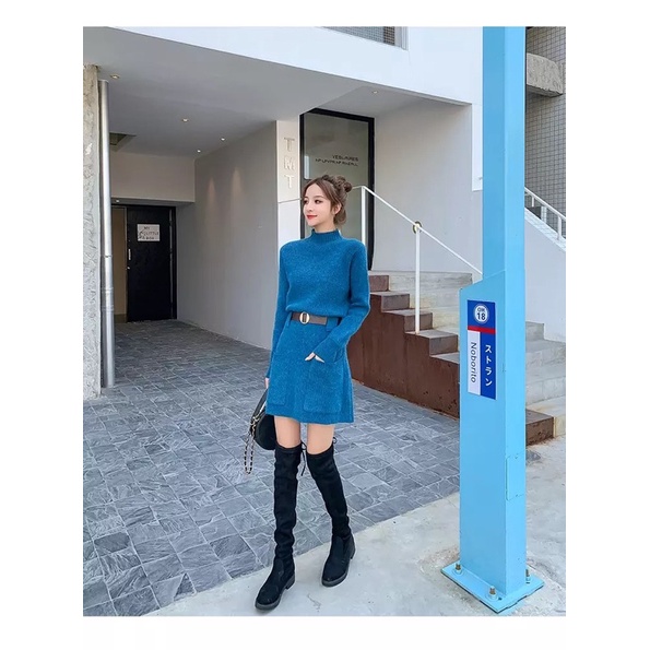 Sweater Dress Rajut Wanita dengan belt Knit Dress