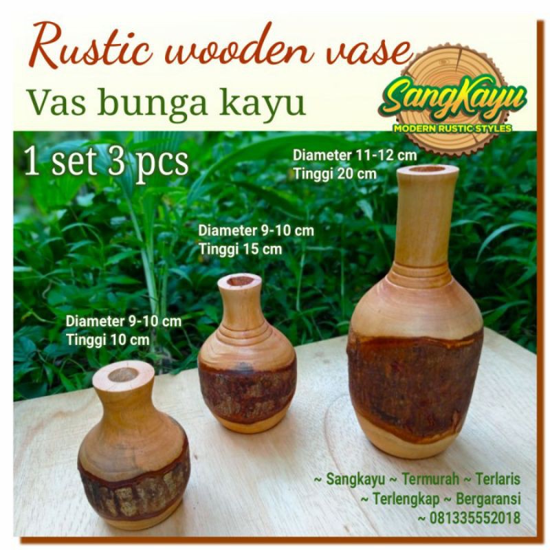 Vas bunga kayu rustic wooden vase pot kayu unik set kayu solid alami