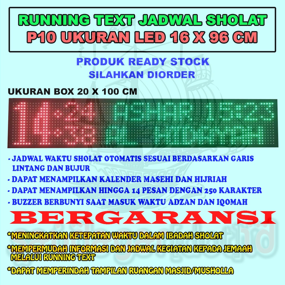 RUNNING TEXT JWS JADWAL SHALAT P10 MERAH HIJAU PUTIH 16X96 PIXEL