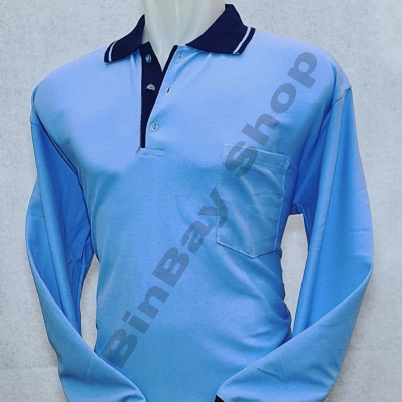 Kaos Kerah Bahan PE Lengan Panjang Biru Langit /Muda List Hitam