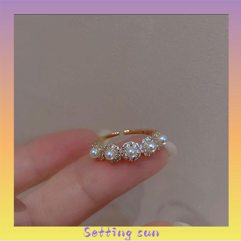 Double-layer Retro Pearl Diamond Ring Niche Light Desain Mewah Cincin Dapat Disesuaikan Terbuka TN