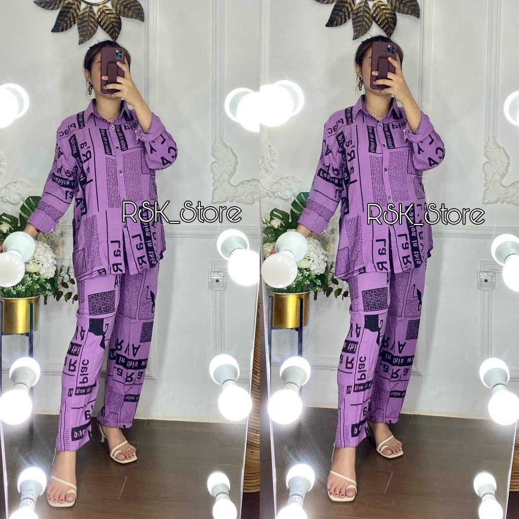 RSK-(BISA COD) Setelan Wanita Motif Koran - Set Rayon Termurah - One Set Kekinian-UNGU KORAN