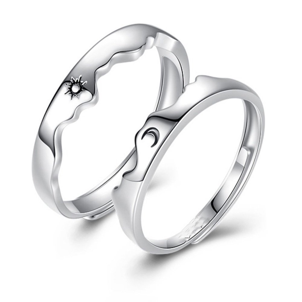 2pcs / set Cincin Pasangan Model Terbuka Desain Bulan Dan Matahari Warna Silver Untuk Hari Valentine