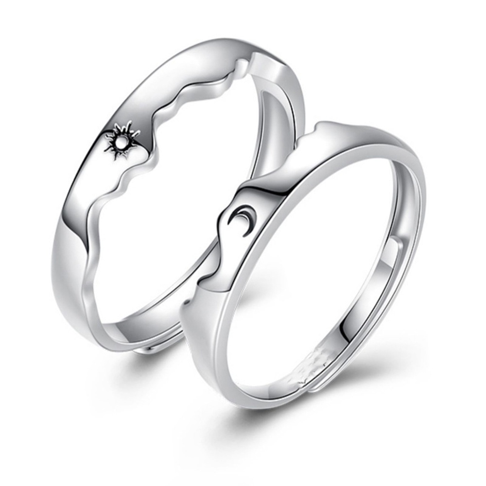 2pcs / set Cincin Pasangan Model Terbuka Desain Bulan Dan Matahari Warna Silver Untuk Hari Valentine