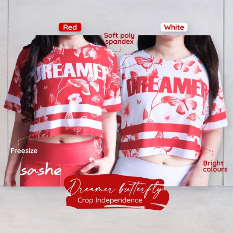 Dreamer Butterfly Crop Independence Baju Kaos Atasan Olahraga Wanita Aerobic Zumba