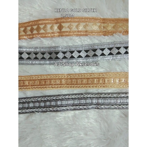 renda india  emas perak / renda bordir gold silver motif  tengah lebar 2,5 CM  isi 10 yard