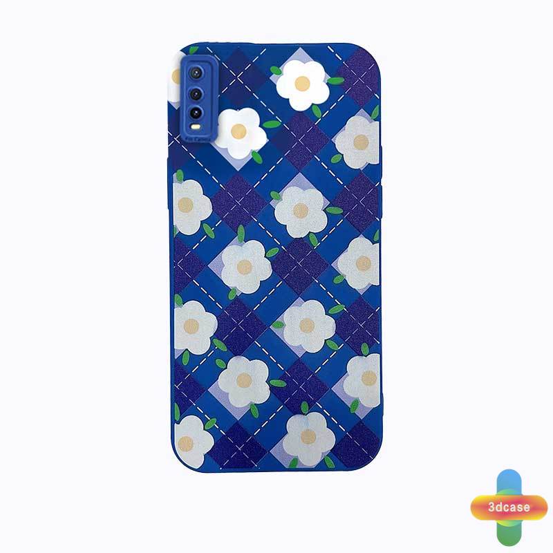 Case HP VIVO Y12S Y12 Y20 Y91C Y21 2021 Y30 Y21S Y20S Y12i Y15S Y91 Y30i Y93 Y95 Y15 Y17 Y53 Y50 Y53S Y51 2020 Y51A Y15A Y10 Y76S Y76 Y33S Y1S Y11 Y31 Y20i Y91i Y90 Y51S Y12A Klein Blue Plaid White Flower Anti-fall Case