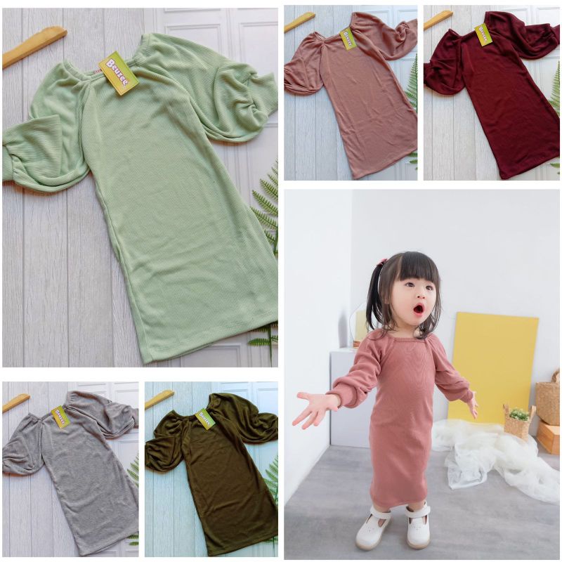 KAMILA Dress KATUN RIB DRESS VIRAL KEKINIAN Dress Anak Rib Knitt LENGAN BALON Lucu Kekinian 1-4