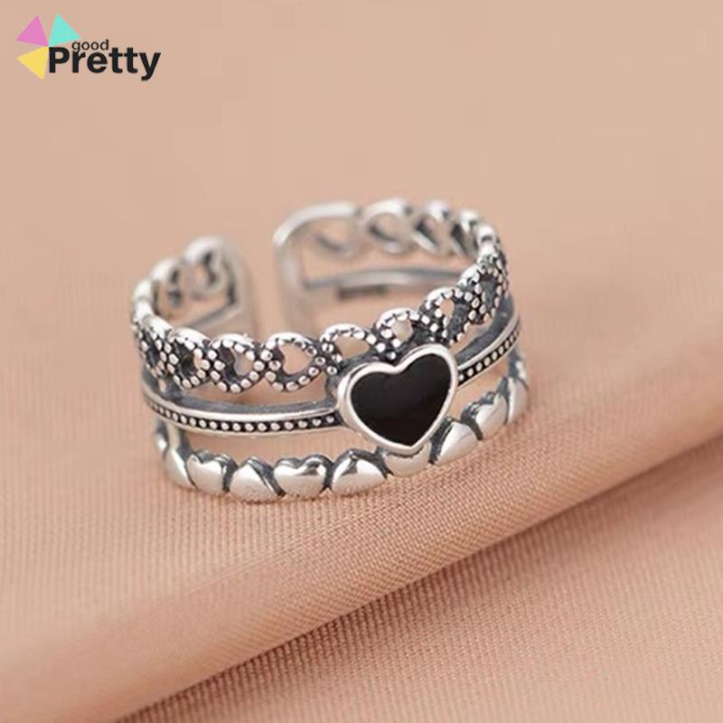 Korea Retro Hitam Cinta Paduan Cincin Pembukaan Kepribadian Wanita Fashion Aksesoris - PD