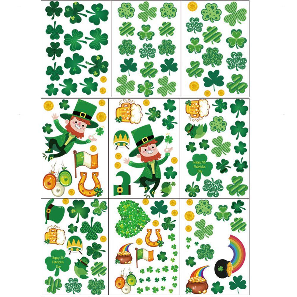 Populer St Patricks Day Dekorasi Rumah Statis Cling Lucky Green Clover PVC Stiker Dinding