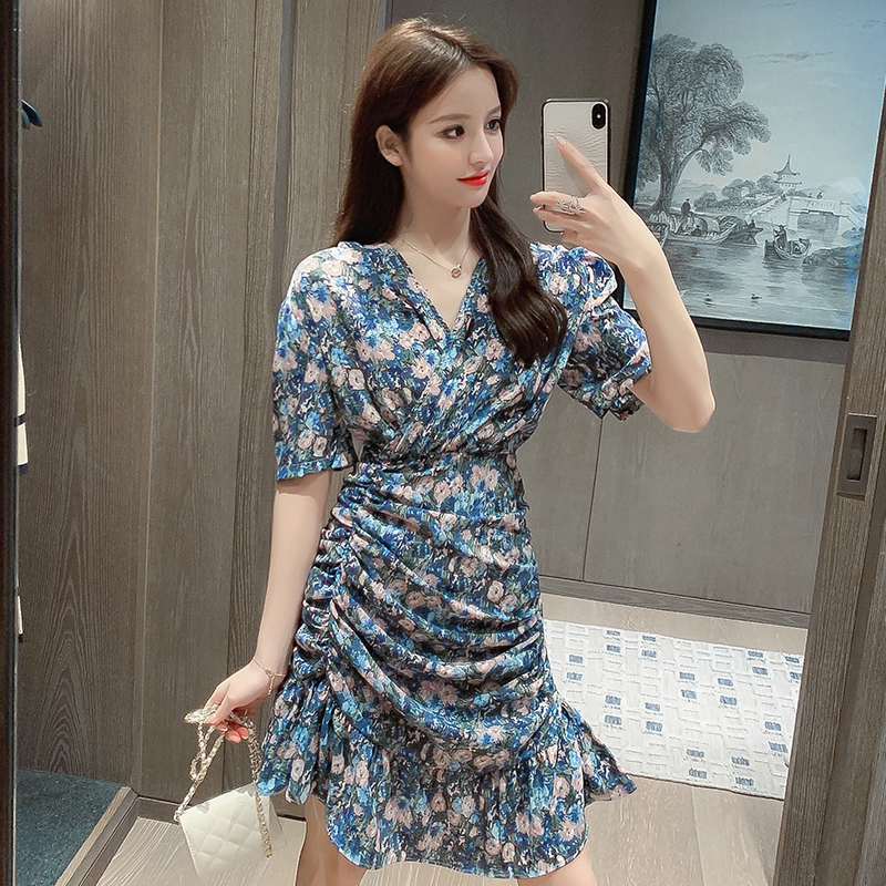 Gaun Wanita Model Ruffle Dengan Kerah V Neck Dan Potongan Slim Motif Floral Bergaya Korea Shopee Indonesia