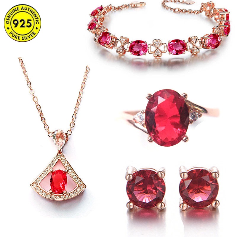 Set Kalung + Gelang + Cincin + Anting Gantung Sterling Silver 925 Rose Gold Dengan Kristal Ruby Untuk Wanita