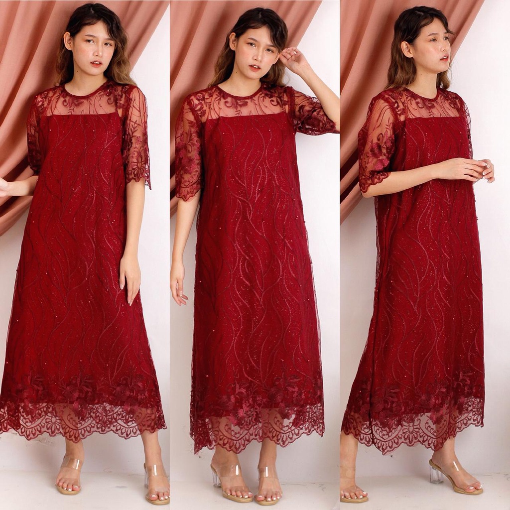 (DIJAMIN REALPICT) Diana Long Dress Brukat Tile Bordir Gliter Mutiara Brokat Tulle Dres Pesta IMLEK