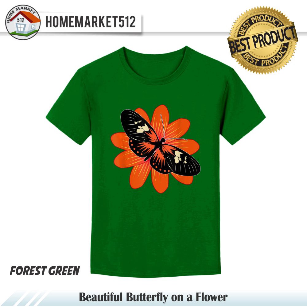 Kaos Wanita Beautiful Butterfly on a Flower Design - Butterfly T-Shirt Kaos Cewek Premium Sablon Anti Rontok !!!! | HOMEMARKET512