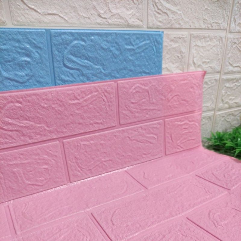 wallpaper dinding stiker dinding foam 3D motif batu bata-Pink