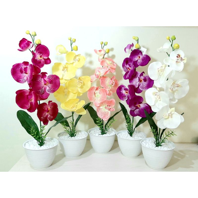 Anggrek Bulan Palsu + Pot / Anggrek Bulan Artificial / Bunga Anggrek Bahan Kain