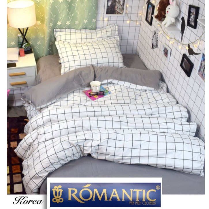 Paket Bedcover Set Sprei AESTHETIC KOREA by ROMANTIC - motif kotak putih katun - HIGH QUALITY