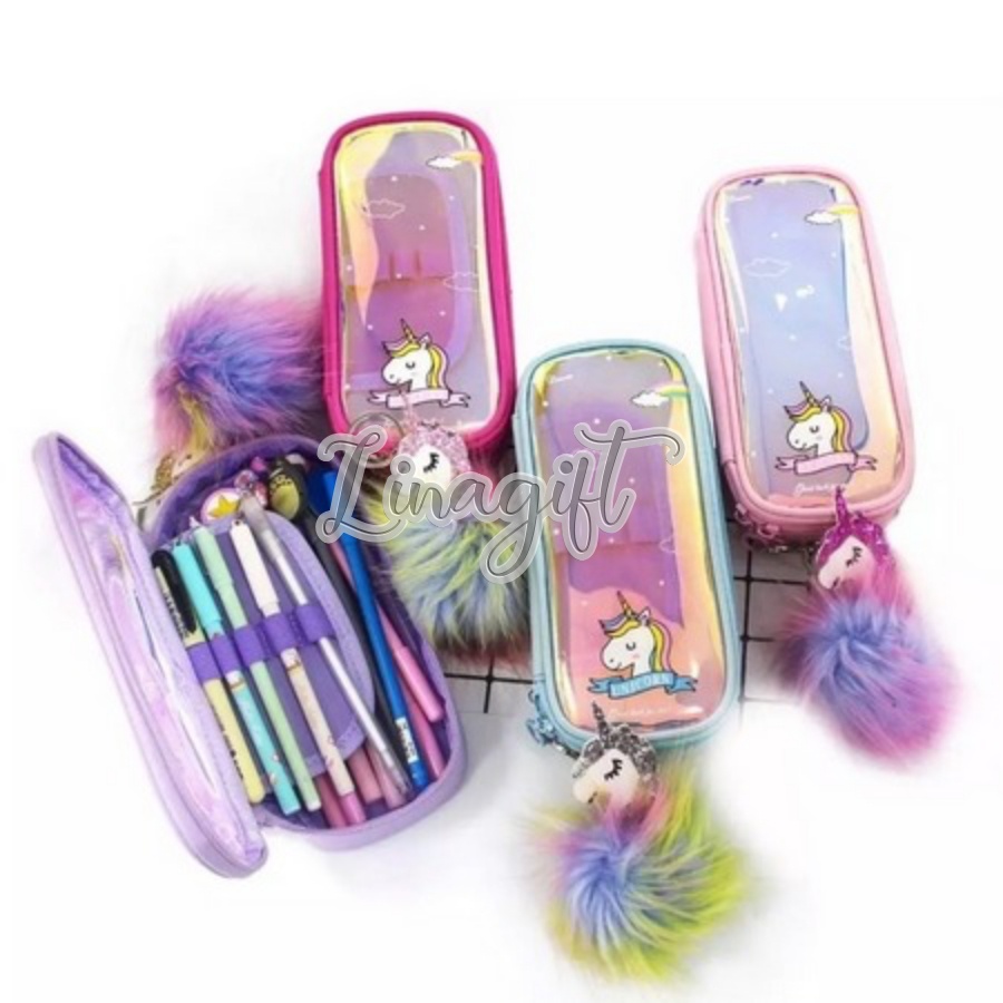 TEMPAT PENSIL UNICORN GANTUNGAN POMPOM BULU - PENCIL CASE METALLIC PONY - TEMPAT PENSIL BULU PONY - DOMPET PENSIL GANTUNGAN POM POM BULU BULU SEQUIN