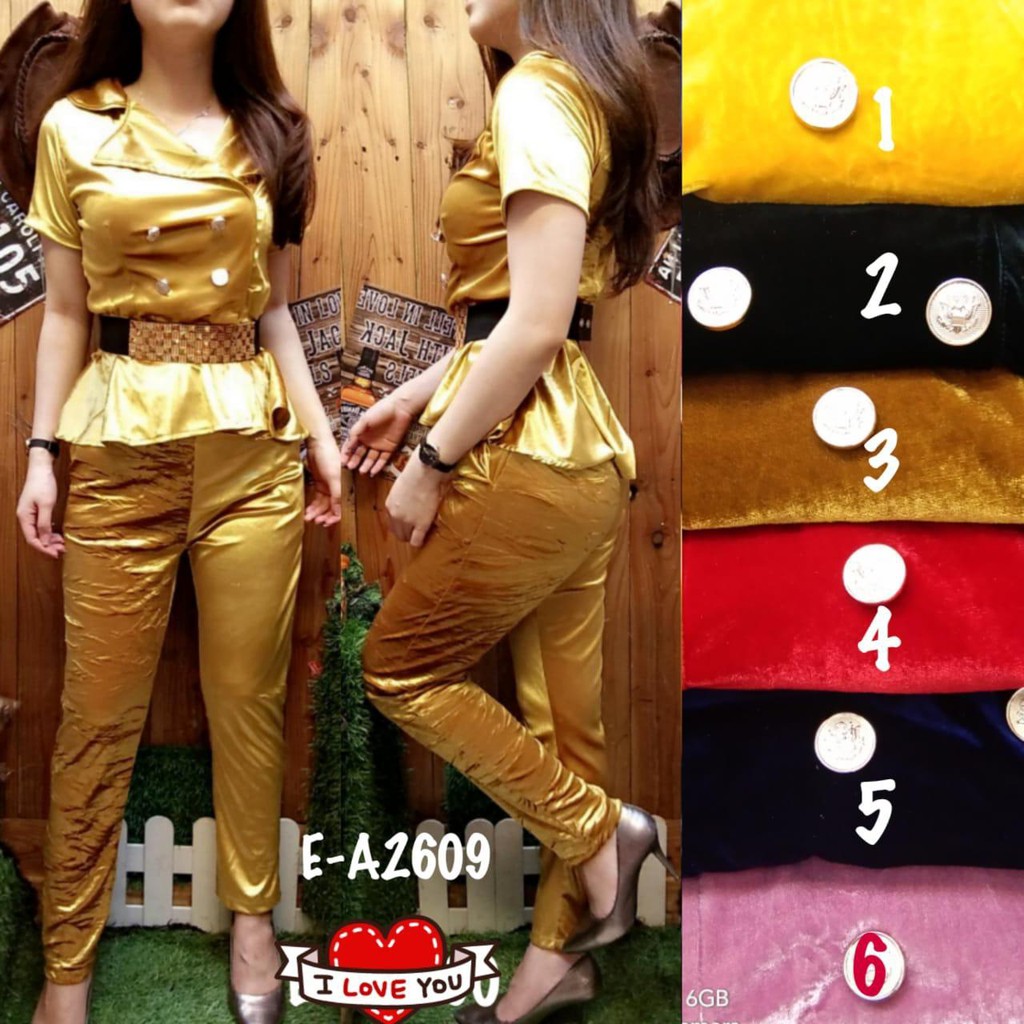 Kathryn collection #018 ,Stelan peplum kancing nempel krah jas +belt celana pjg tgn pdk