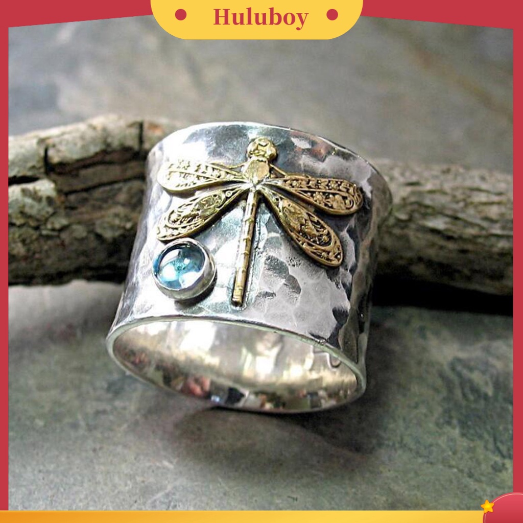 Hu Hu Hu Hu Hu Alat Bantu Pasang Kacamata♡ Cincin Wanita Desain Capung Hias Permata Biru Imitasi Gaya Vintage Electroplating Untuk Pernikahan