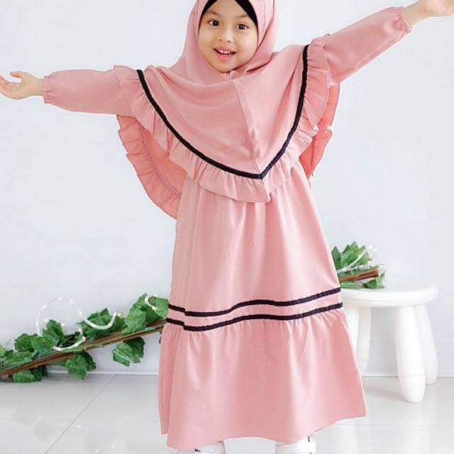 RIANA SET KIDS Mosscrepe Gamis Anak 5-7 tahun Panjang Modern Kids Baju Panjang Stelan Syar’i Polos