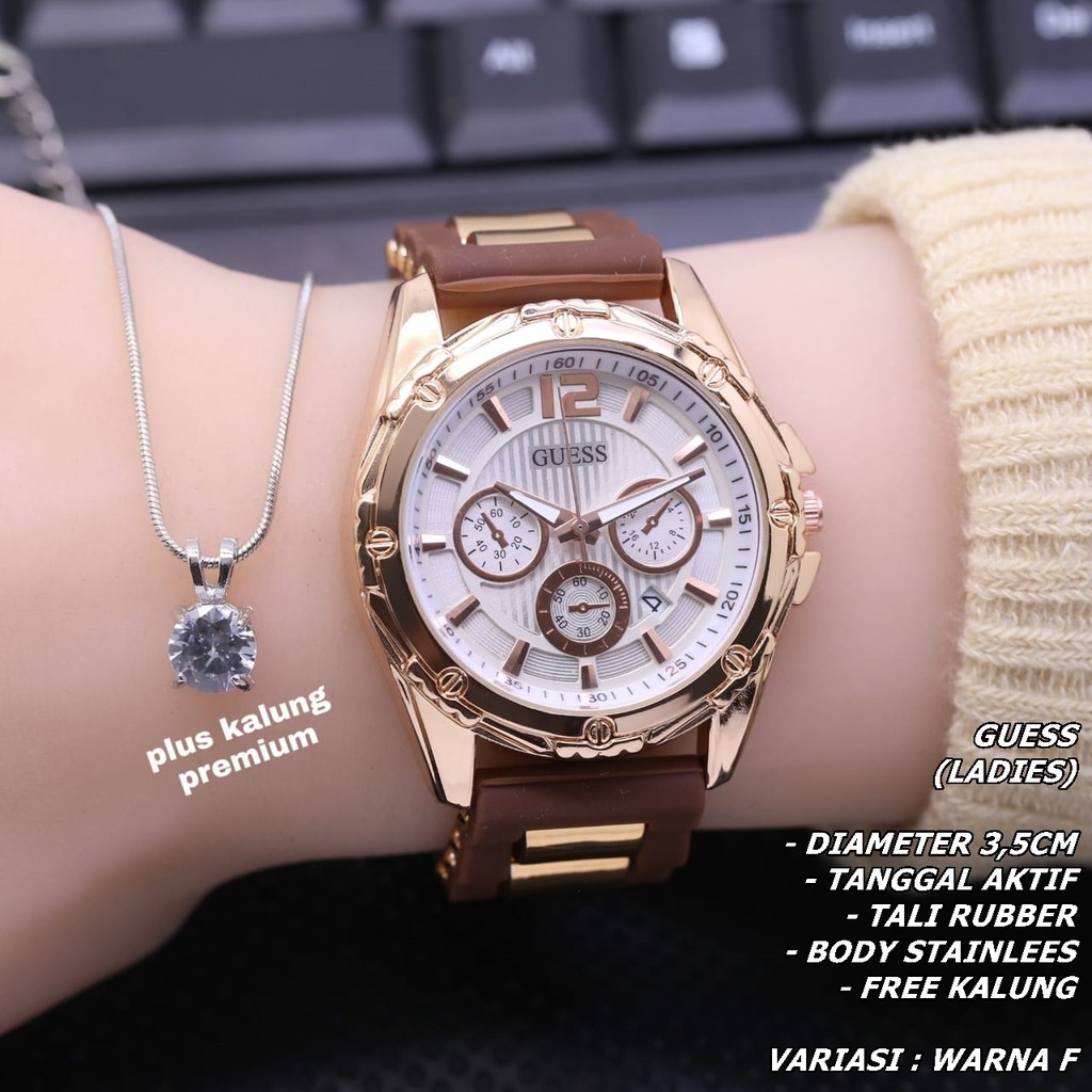 JAM TANGAN WANITA GUESS TALI RUBBER BODY BULAT TANGGAL AKTIF FREE KALUNG