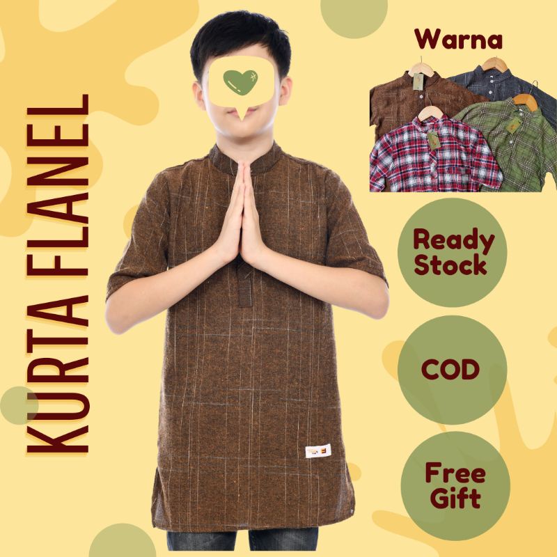 Baju Koko Kurta Anak Laki-Laki Lengan Pendek Flanel