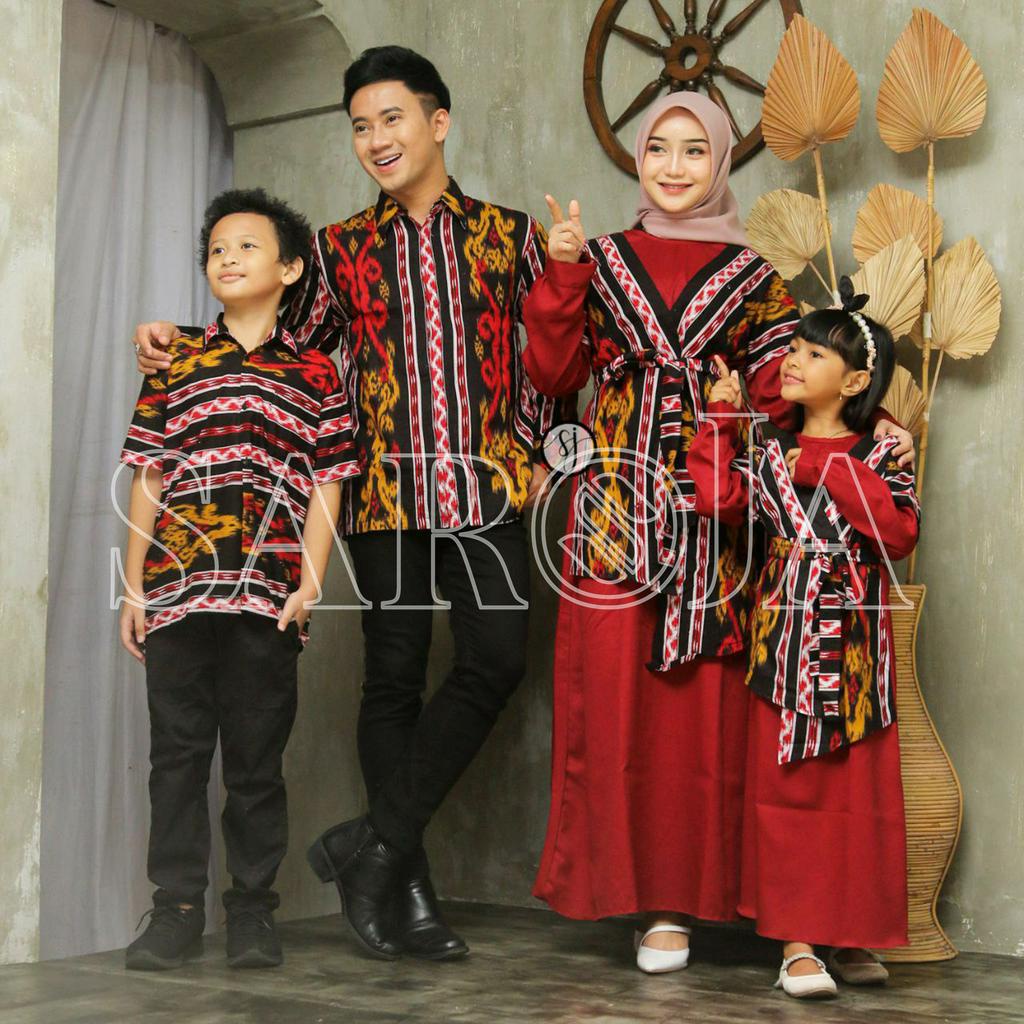 Saroja | Couple Keluarga Gamis Kombinasi motif Songket Satu Maroon