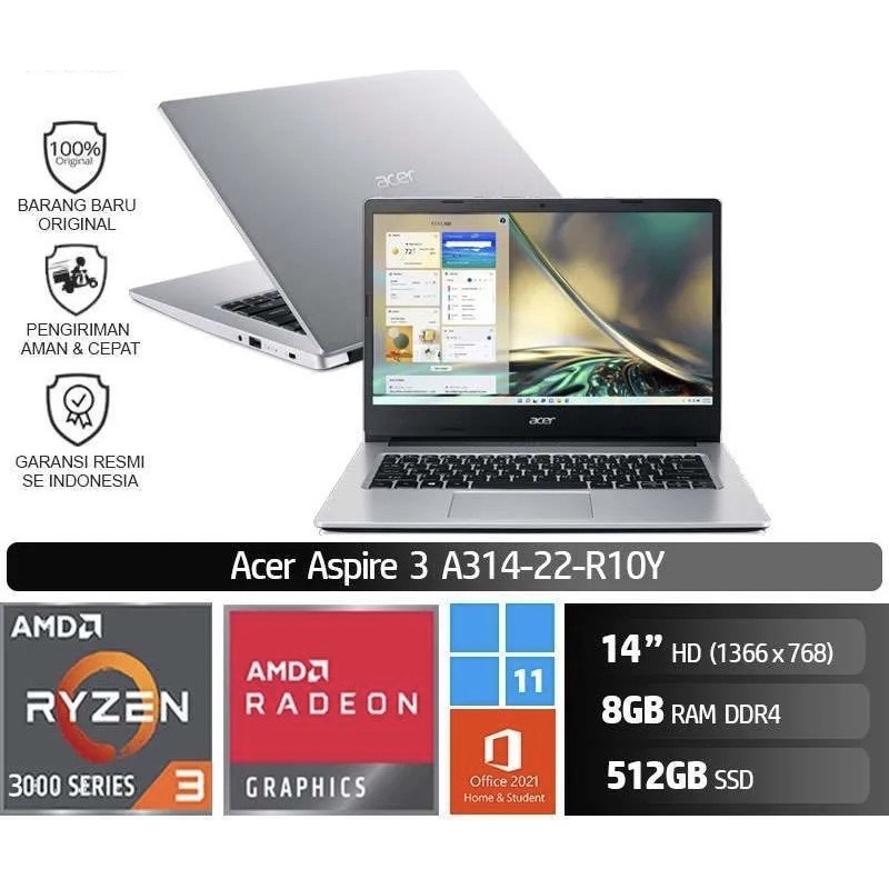 ACER LAPTOP A314-22-R10Y RYZEN 3/ RAM 8 GB/ 512 SSD GARANSI RESMI