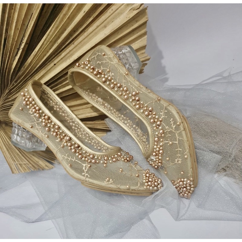 sepatu wedding gaga gold tinggi 3cm kaca