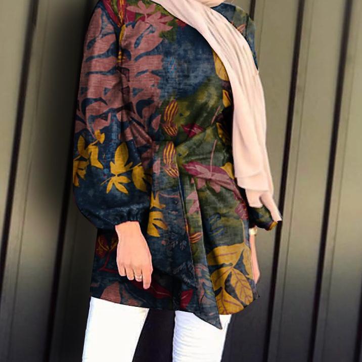 Terbaik.. ZANZEA Women Puff Sleeves Elastic Cuffs Bandage Muslim Blouse