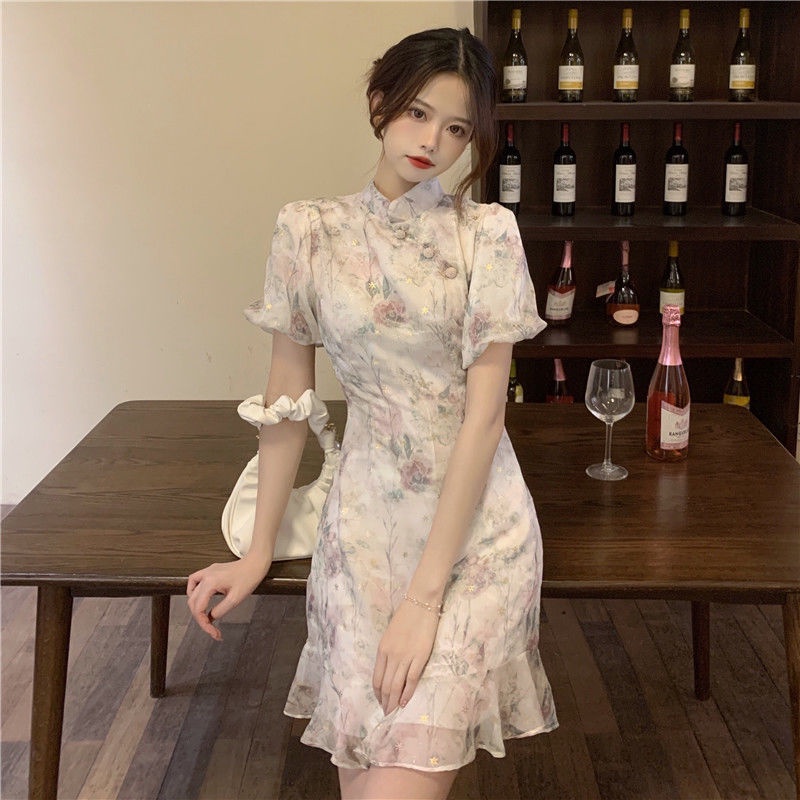 Modified cheongsam retro Chinese style lotus leaf edge French gentle waist closing bubble sleeve sho