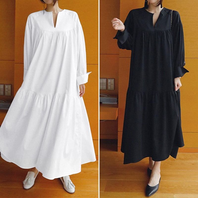 ZANZEA Gaun Maxi wanita import elegan V neck lengan panjang/Dress jumbo S-5XL