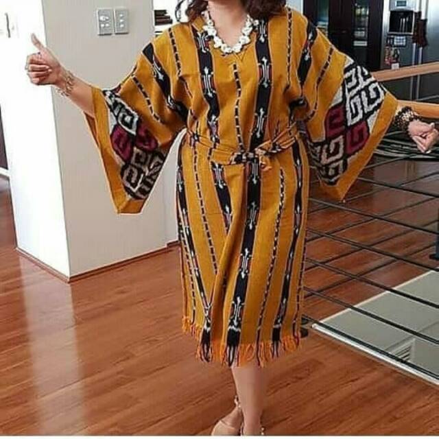 Mini dress kain tenun troso etnic jepara warna kuning