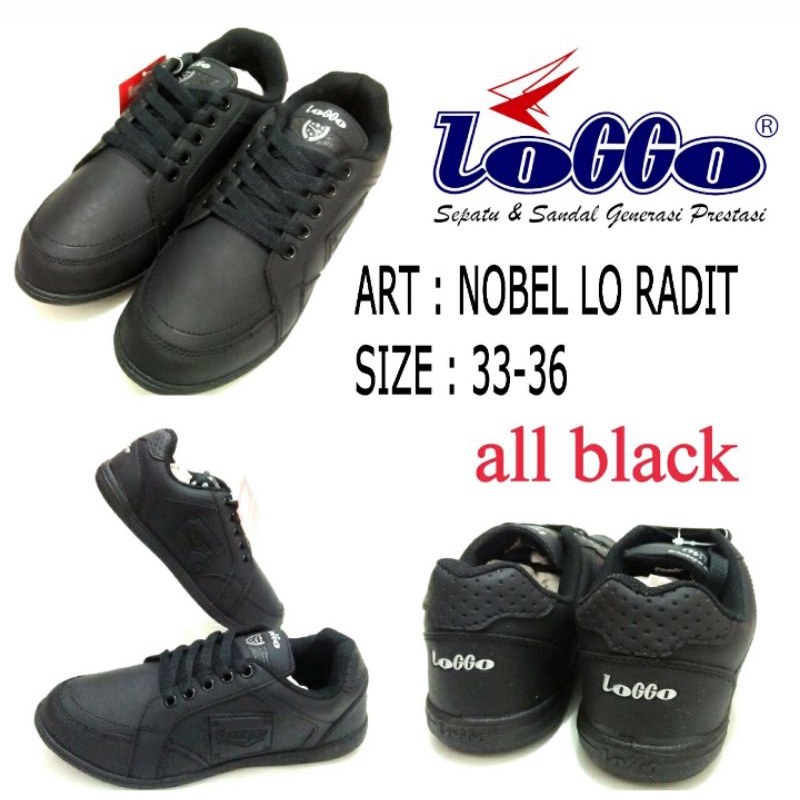 SEPATU SEKOLAH UNISEX TALI FULL HITAM TERBARU LOGGO NOBEL LO RADIT SIZE 33-36