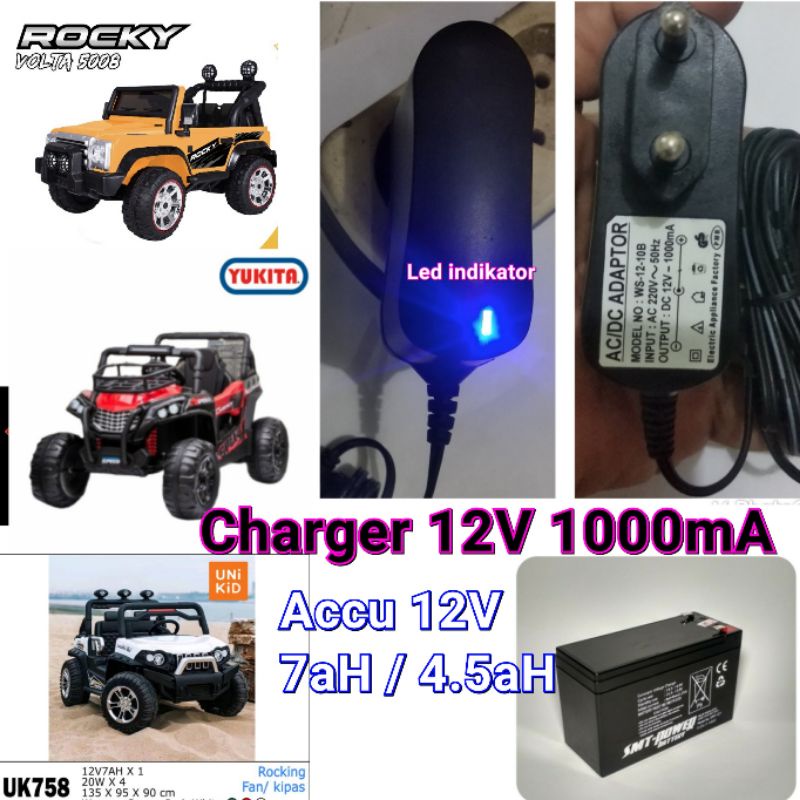 ADAPTOR PLIKO BMW JEEP ATV YUKITA RIDE ON CAR CHARGER 12 VOLT Aki WS-12-10B 12V 1000mA