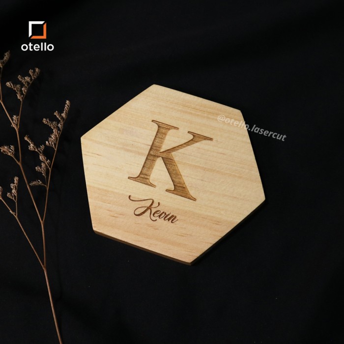 Pinu | Hexagon Wooden Coaster Kayu Pinus Grafir | Engrave Tatakan Gelas Cafe