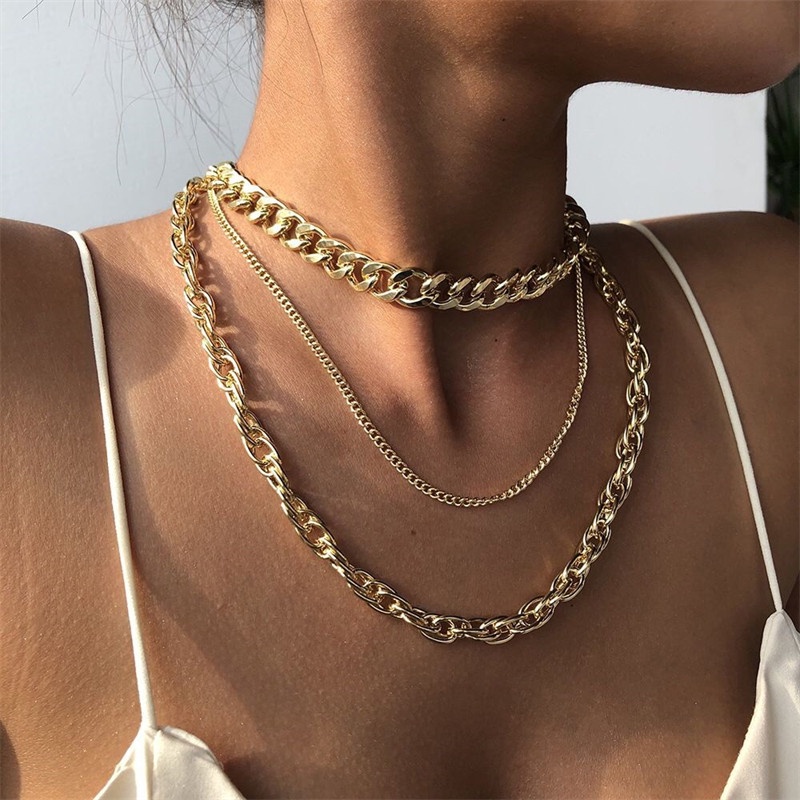 Set Kalung Rantai Choker Multilayer Tebal Gaya Hip Hop Untuk Wanita