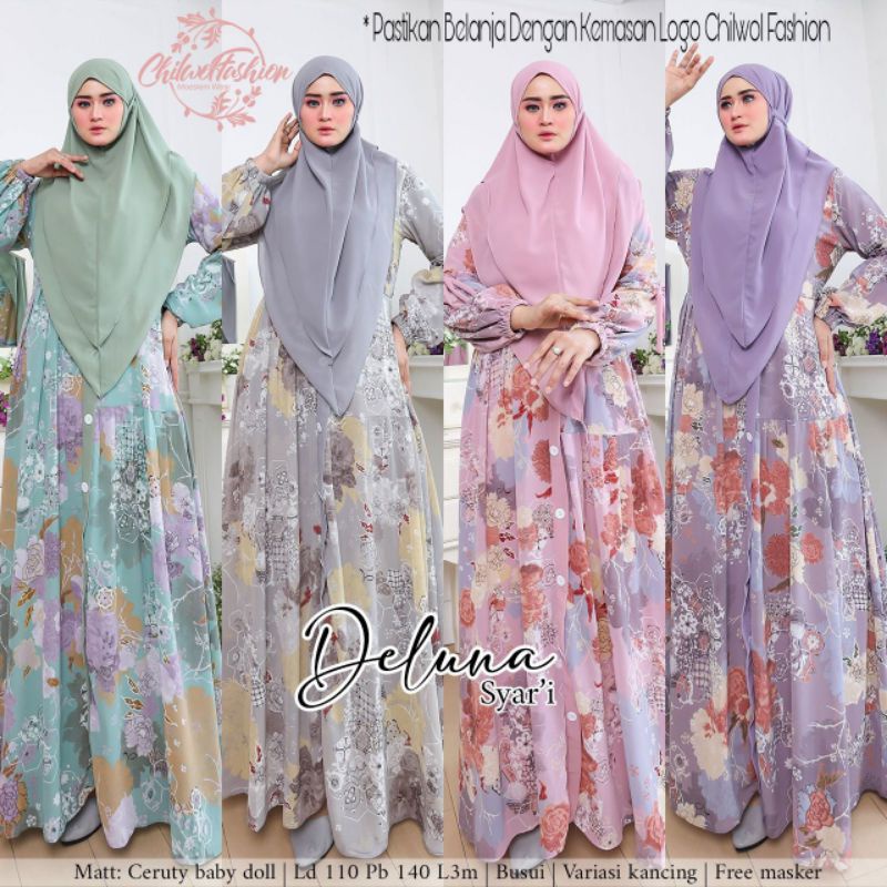 SETELAN GAMIS SYAR'I MOTIF JUMBO BIGSIZE CERUTY BABYDOLL LD 110/DELUNA SYAR'I DRESS BY CHILWO FASHIO