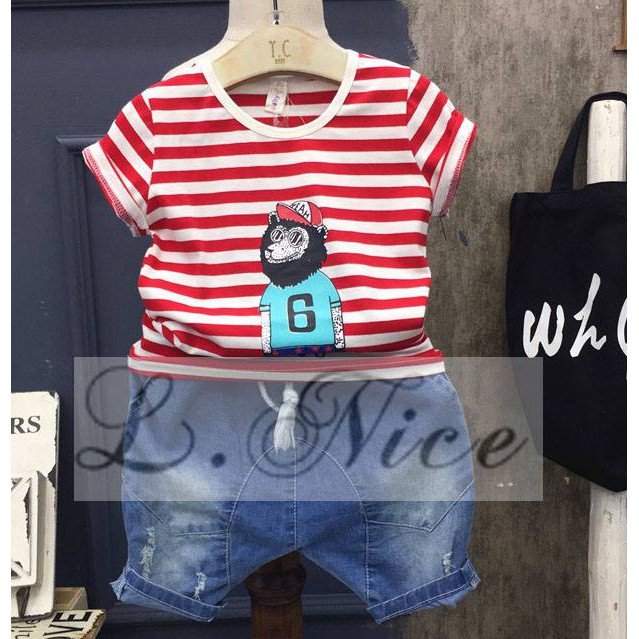 SET LNICE STRIPE RED MONKEY SHIRT JEANS PANT