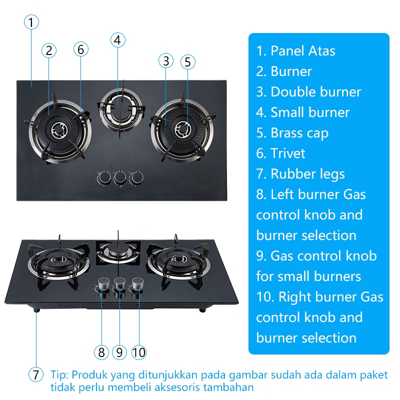 T1 Kompor Gas 3 Tangga Tertanam Panel Kaca Tempered Penutup Tembaga Ganda/Tiga Mata Kompor Gas Hemat Energi