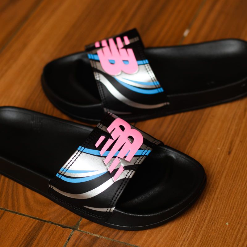 Sandal Slide Kasual New Balance Black NB Pink Silver Sendal Flat Slip On Casual Wanita