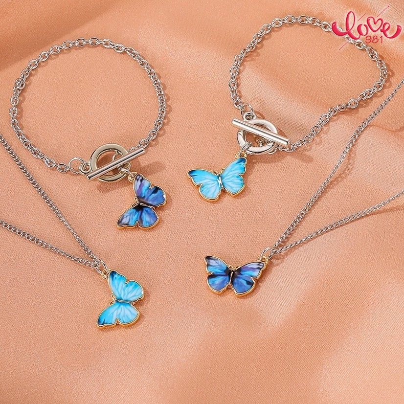 Kalung Rantai Klavikula Desain Kupu-Kupu Warna Biru Gradien Gaya Simple Untuk Wanita