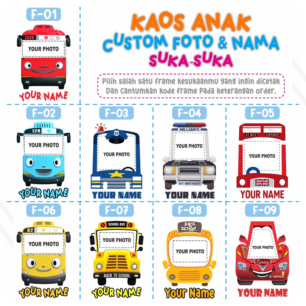kaos custom anak free gambar/tulisan 1-12 th
