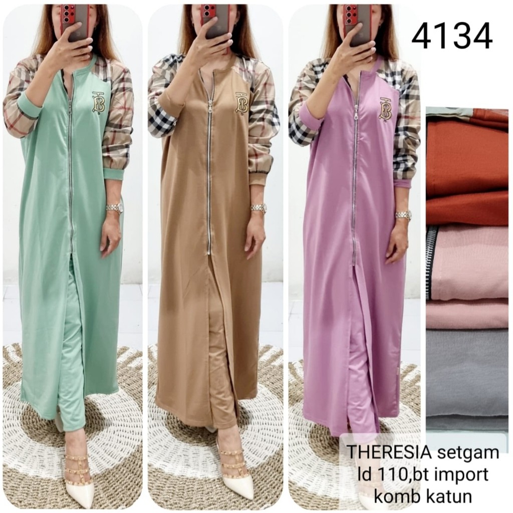 Setcel Gamis Busui Retsleting Theresia Jumbo Babyterry Halus LD 110 Motif Bur*berry 4134