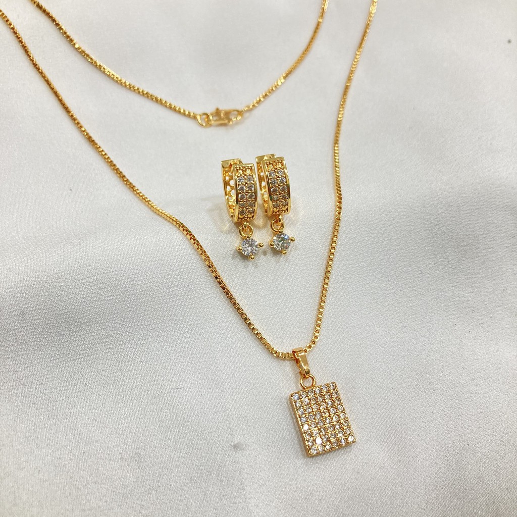 Set Perhiasan Dewasa Full Permata Zircon Lapis Emas Aksesoris Fashion Kalung Gelang Anting Cincin