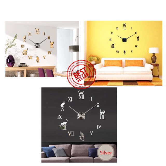 Jam Dinding Besar DIY Giant Wall Clock Quartz Creative Design Model Kucing Lucu - DIY-203 - Silver