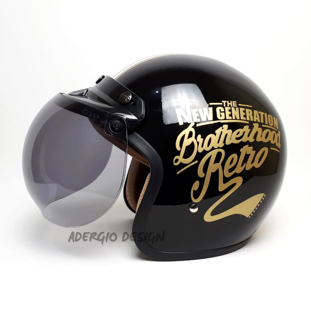 HELM BOGO DEWASA RETRO FULL LEHER SNI FCM Brotherhood Hitam Glossy List Emas