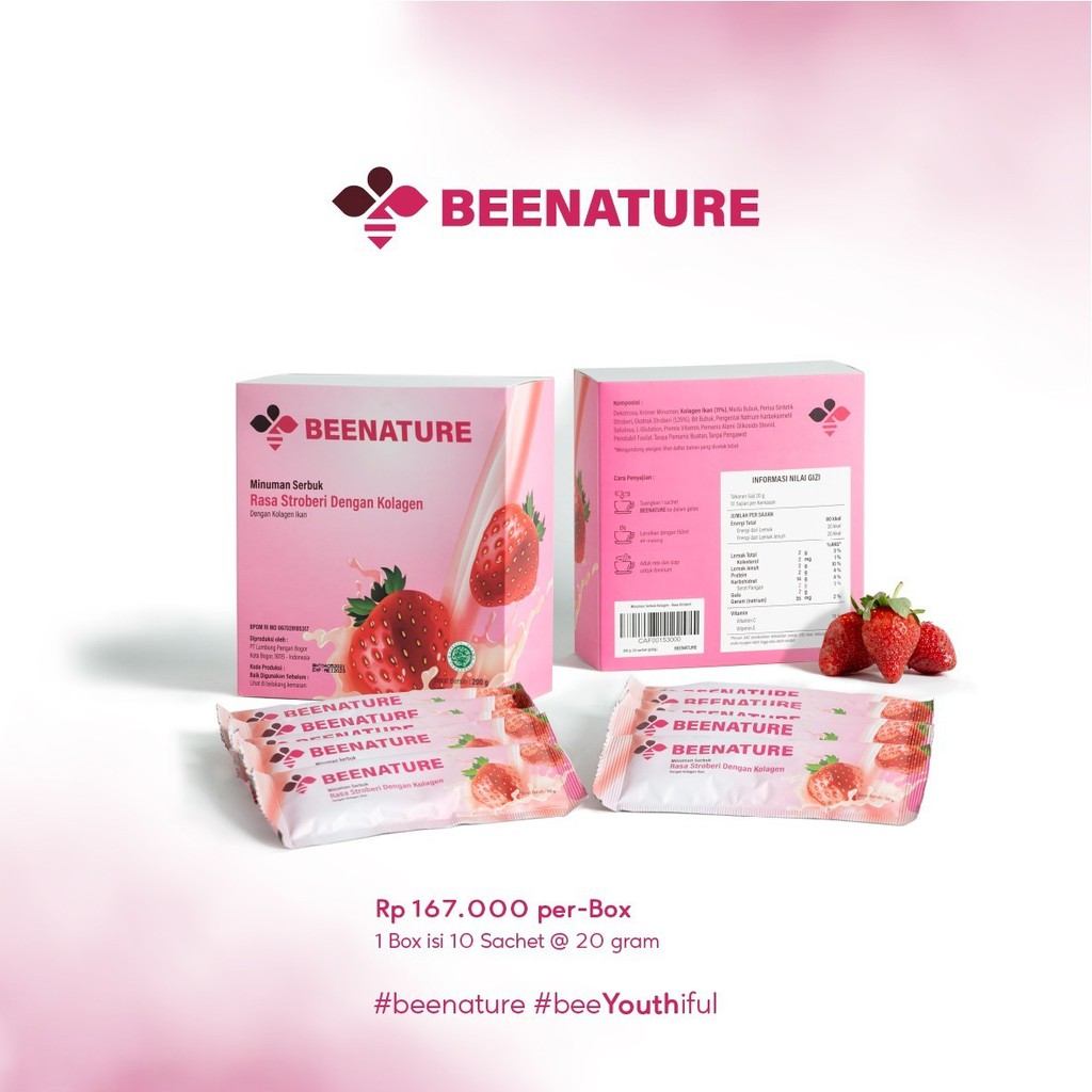 

Beenature Minuman Serbuk Rasa Stroberi dengan Kolagen Ikan